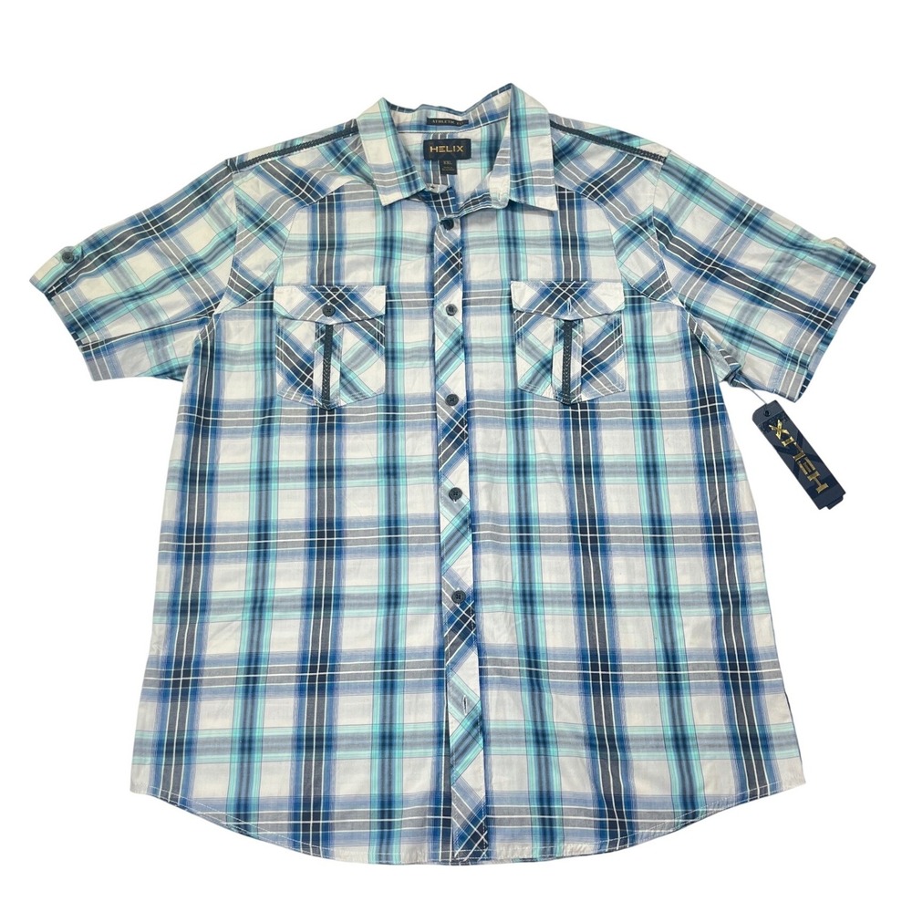 NWT Helix Short Sleeve Button Down Shirt Mens XXL Blue Plaid Athletic Fit Casual